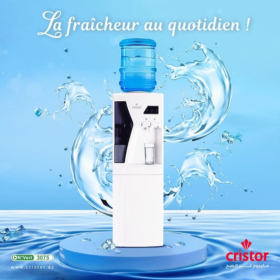 Distributeur d’eau CRISTOR – 20 L –AVEC PORTE GOBLETS PLUS MINI FRIGO 2.0L 100WATT – R600a – Blanc et Gris