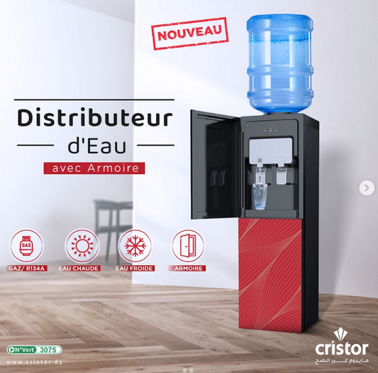 Distributeur d’eau CRISTOR – 20L avec mini  Réfrigérateur- R600a – Verre Rouge